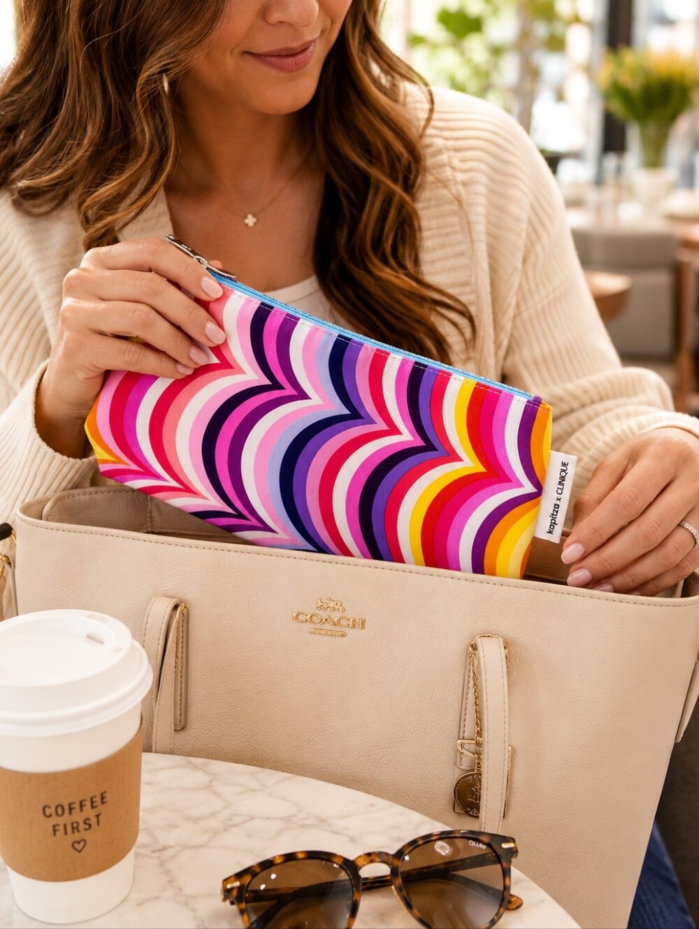 Clinique by Kapitza Multi-Color Curved Lines Makeup Bag